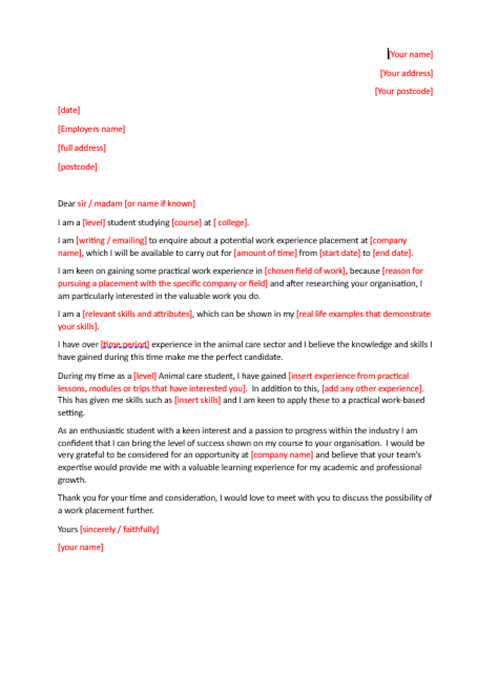 FREE Work experience placement letter template