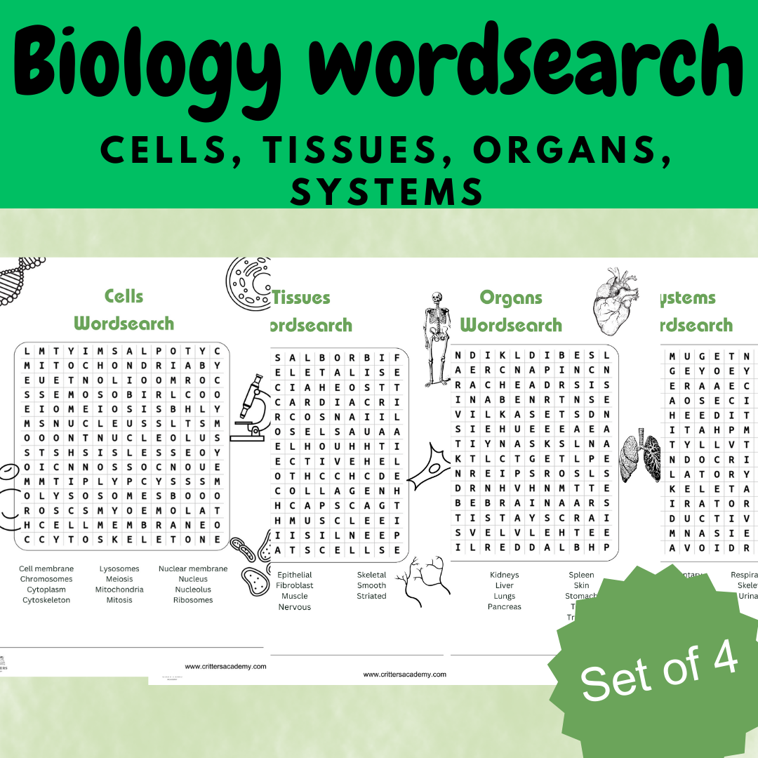 Biology cells, tissues, organs and systems word search pack