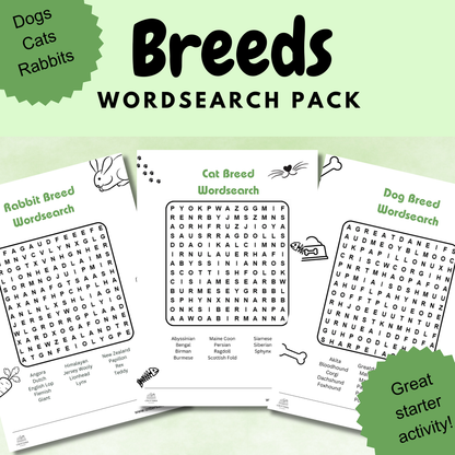 Animal breeds word search pack