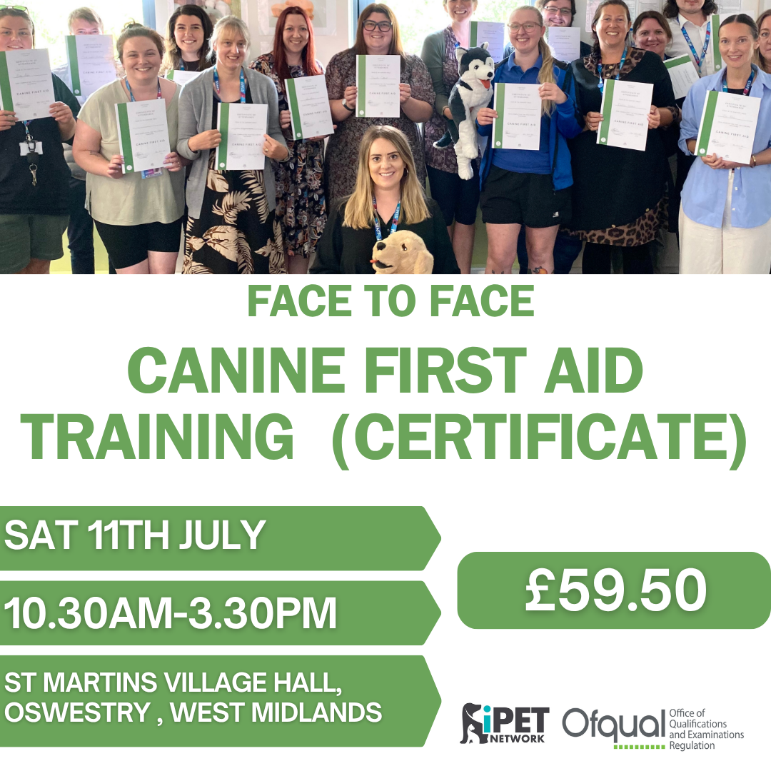 Face to Face Canine First Aid Training Certificate 11th July , Oswestry , West midlands