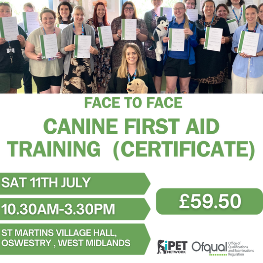 Face to Face Canine First Aid Training Certificate 11th July , Oswestry , West midlands