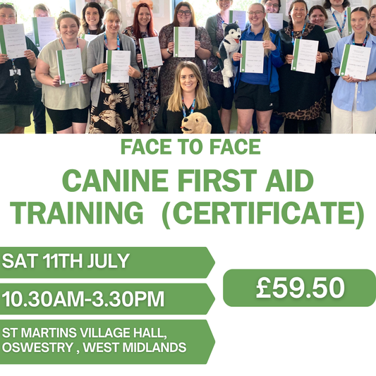 Face to Face Canine First Aid Training Certificate 11th July , Oswestry , West midlands