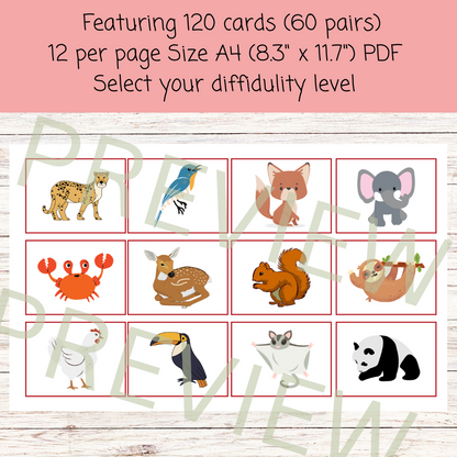 Animal recognition memory matching game